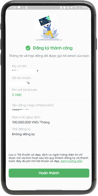 Đăng ký tài khoản VPBank Neo thành công
