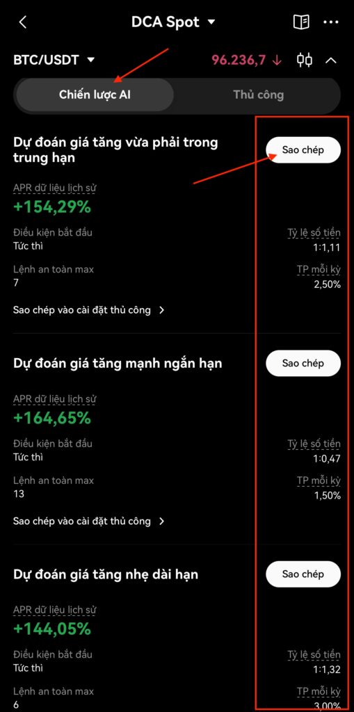 Sao chép chiến lược cho AI tạo DCA Spot Bot trên OKX.