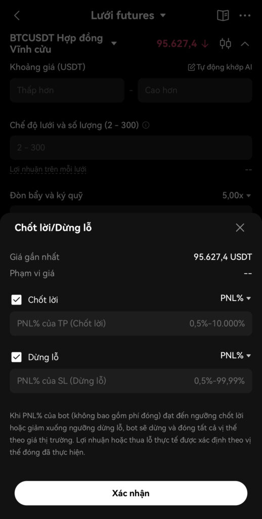 đặt stop-loss và take profit khi dùng bot giao dịch trên okx