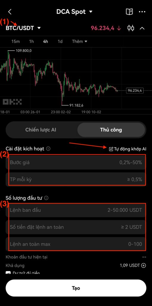 Thiếp lập thủ công DCA Spot bot trên OKX.